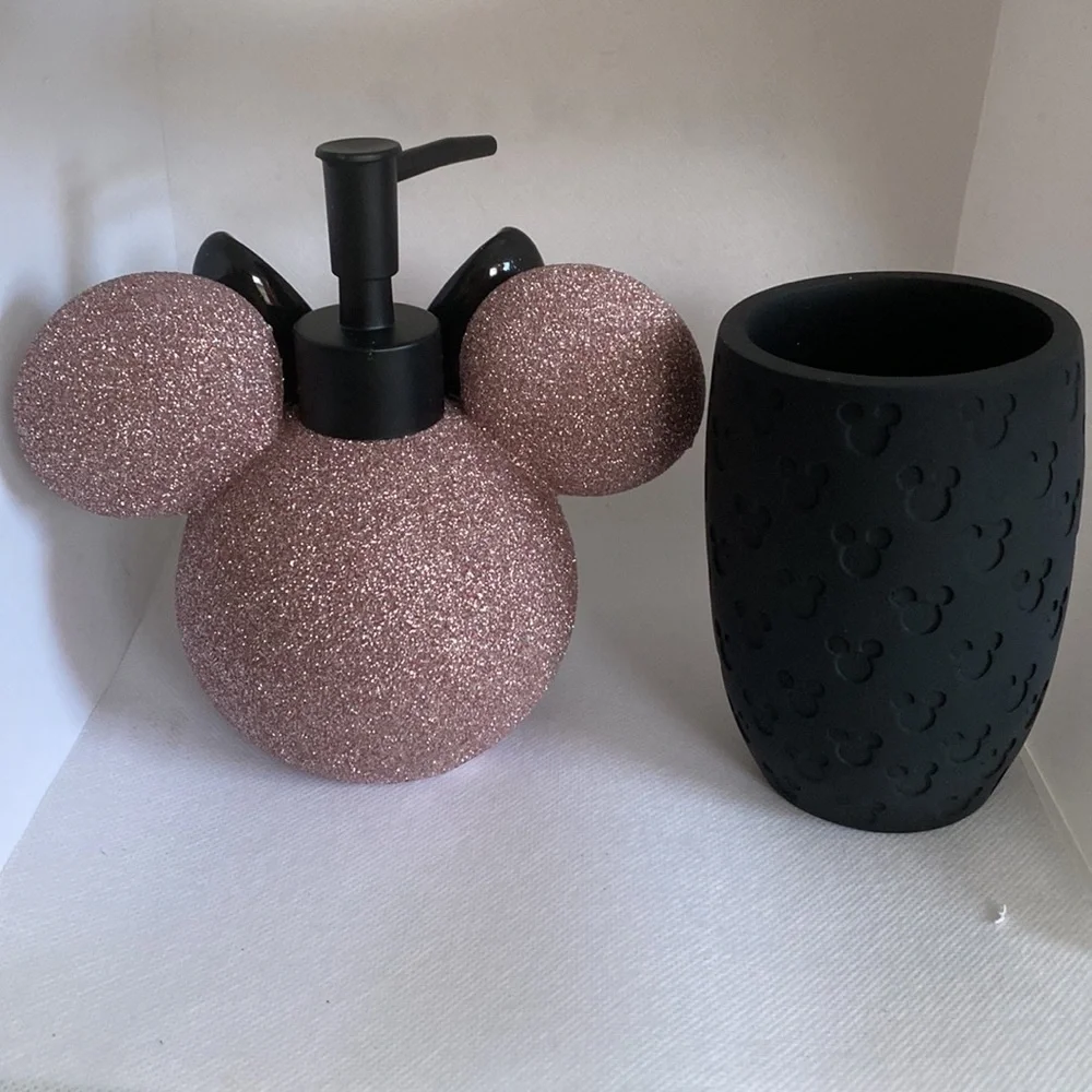 Disney Purple Glitter & Black Minnie Mouse Soap Dispenser & Toothbrush Holder